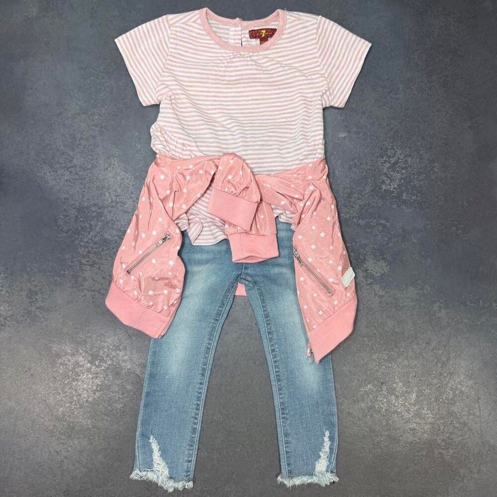 7 For All Mankind Pink Stripe Tee Star Jacket Denim Jeans 3-Piece Girl Set 24M